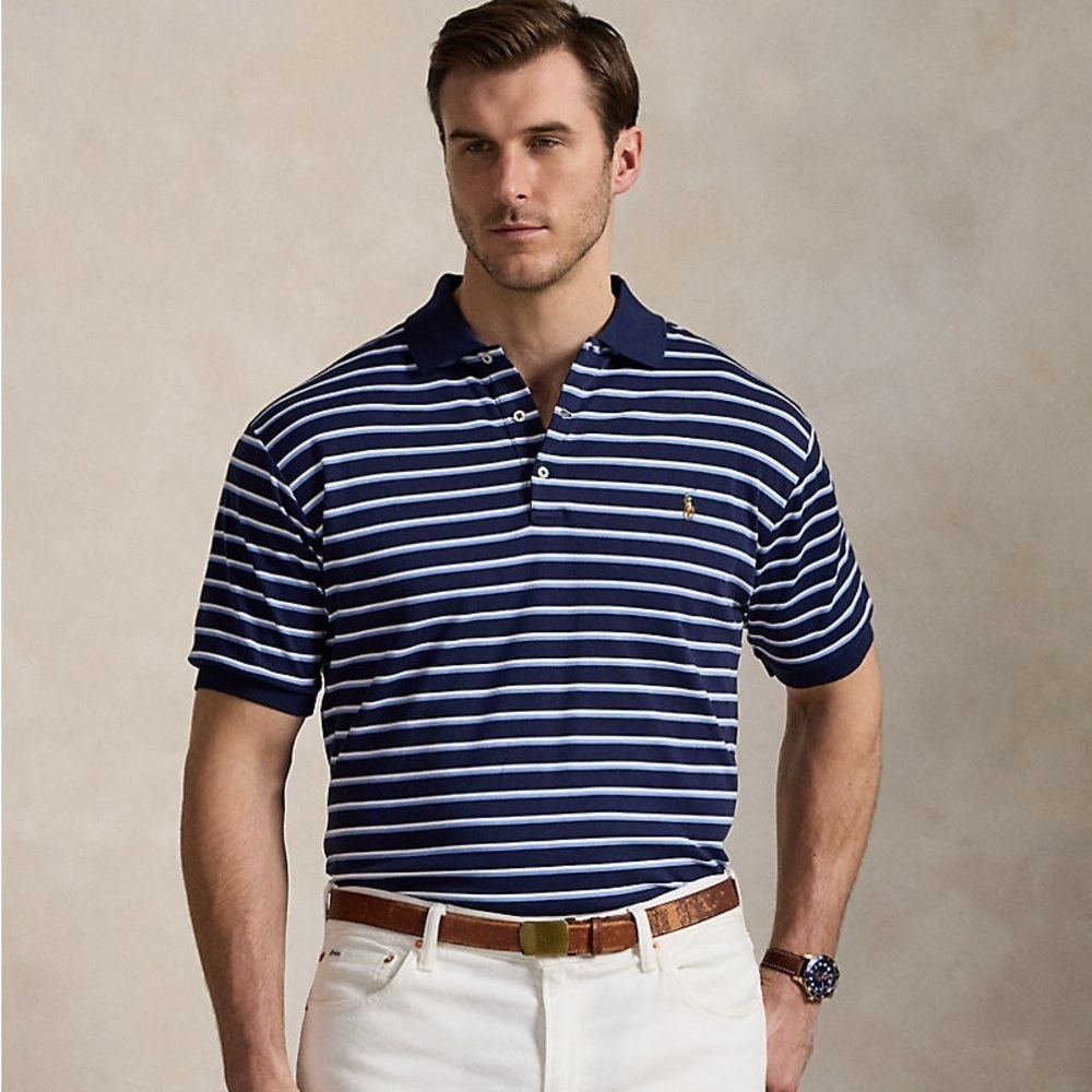 Polo RL Navy Striped Pima Soft Polo Shirt Large